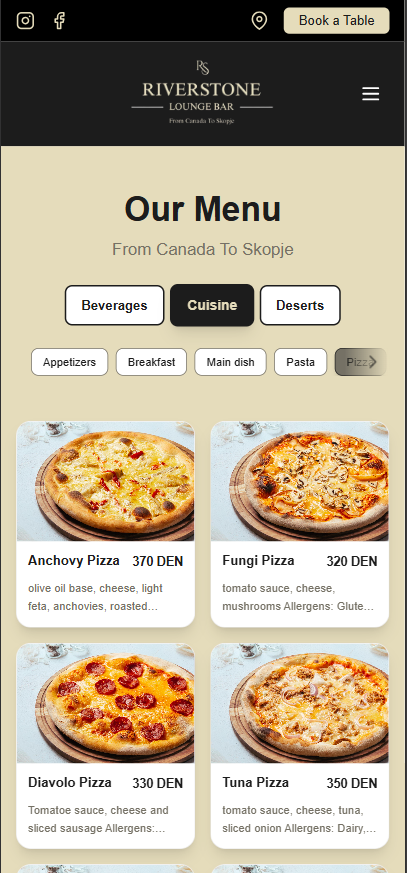Riverstone digital menu on mobile